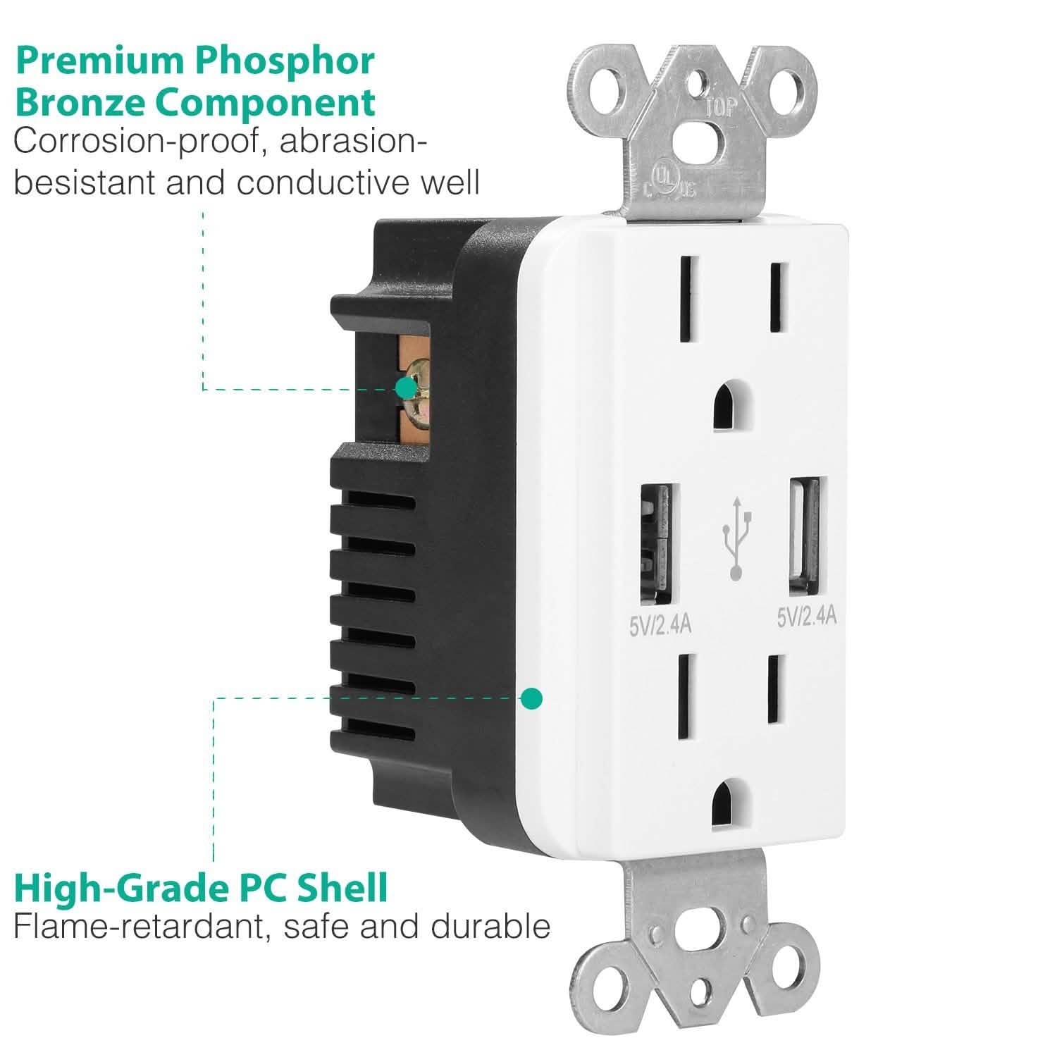 USB Wall Outlet Dual 2.4A USB Wall Charger Batteries & Power Accessories - Tophatter Daily Deals