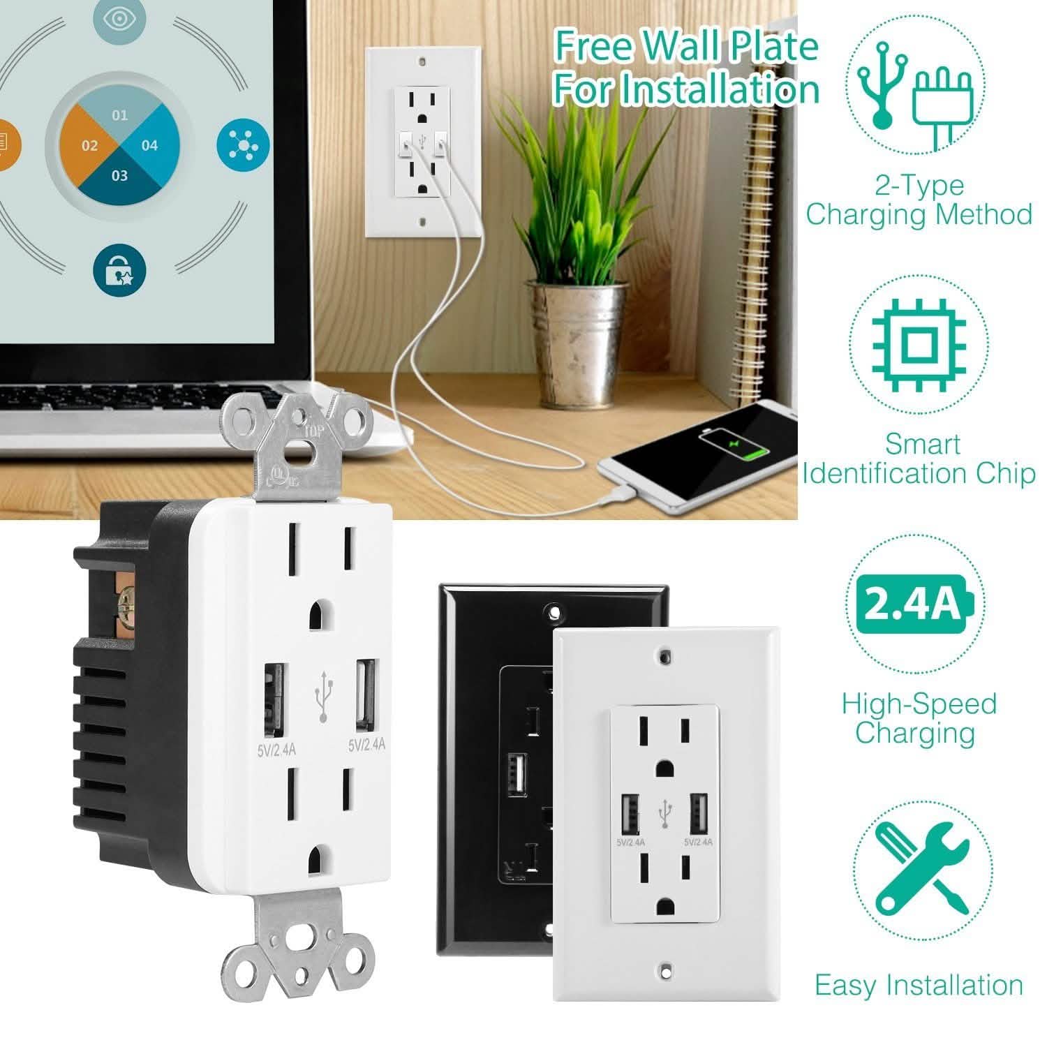 USB Wall Outlet Dual 2.4A USB Wall Charger Batteries & Power Accessories - Tophatter Daily Deals