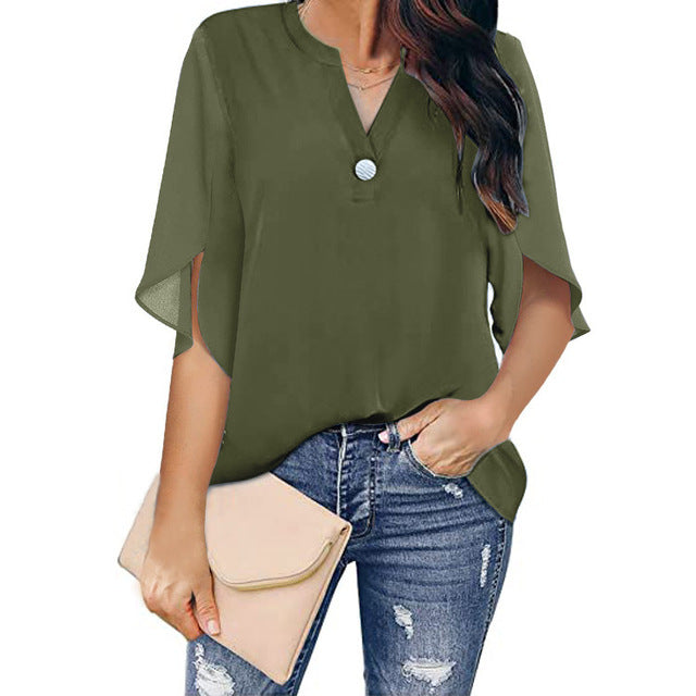 Women V Neck Chiffon Loose Blouse Army Green Blouses - Tophatter Daily Deals