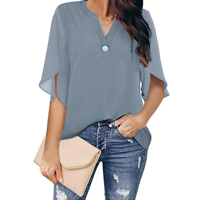 Women V Neck Chiffon Loose Blouse Gray Blouses - Tophatter Daily Deals
