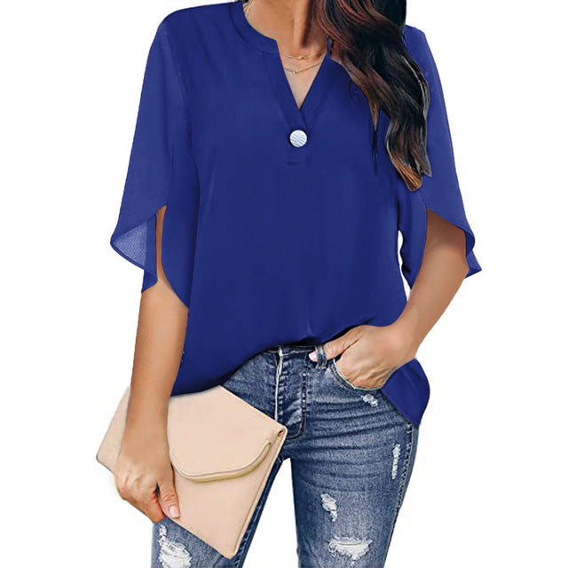 Women V Neck Chiffon Loose Blouse Blue Blouses - Tophatter Daily Deals
