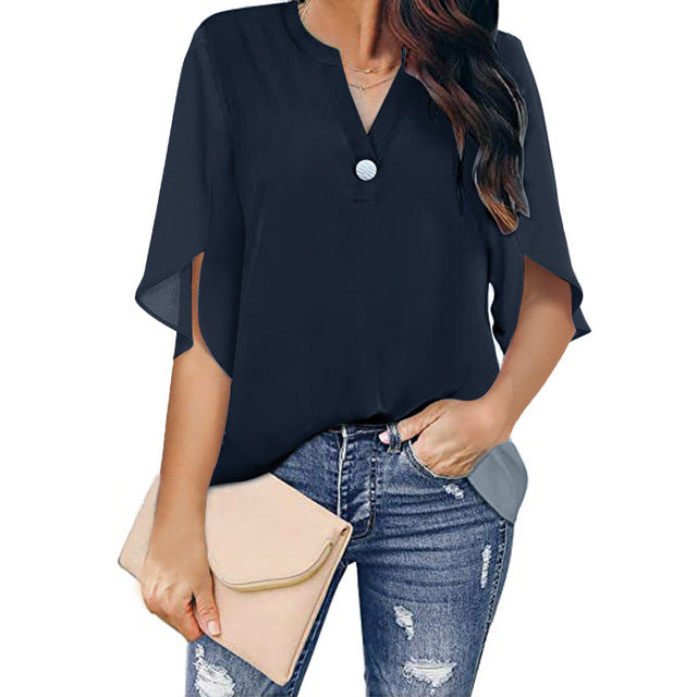 Women V Neck Chiffon Loose Blouse Dark Blue Blouses - Tophatter Daily Deals