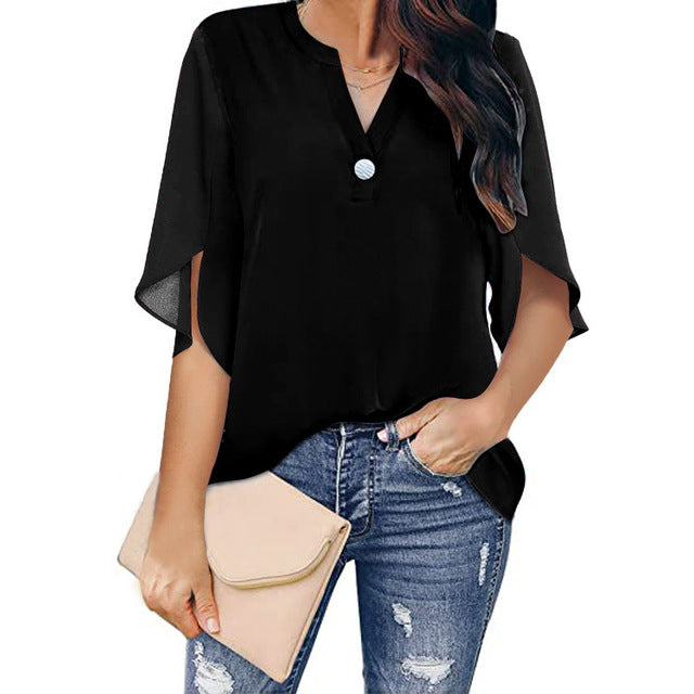 Women V Neck Chiffon Loose Blouse Black Blouses - Tophatter Daily Deals
