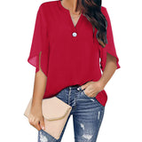 Women V Neck Chiffon Loose Blouse Red Blouses - Tophatter Daily Deals