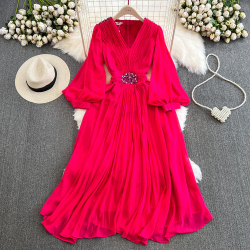 V Neck Chiffon Women Party Dresses Rose Red Maxi Dresses - Tophatter Daily Deals