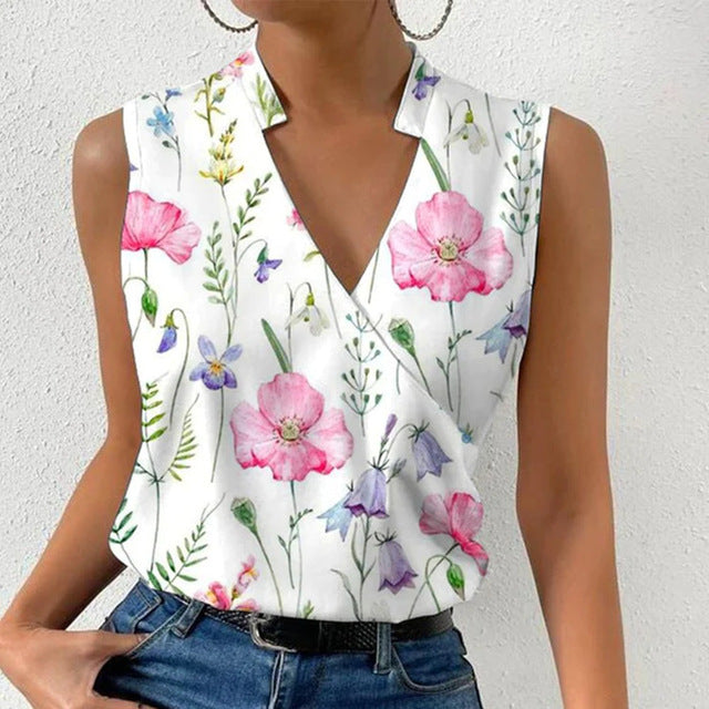 V-neck Sleeveless Women Blouses White Floral 01 Blouses - Tophatter Daily Deals