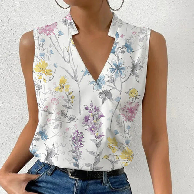 V-neck Sleeveless Women Blouses White Floral 02 Blouses - Tophatter Daily Deals