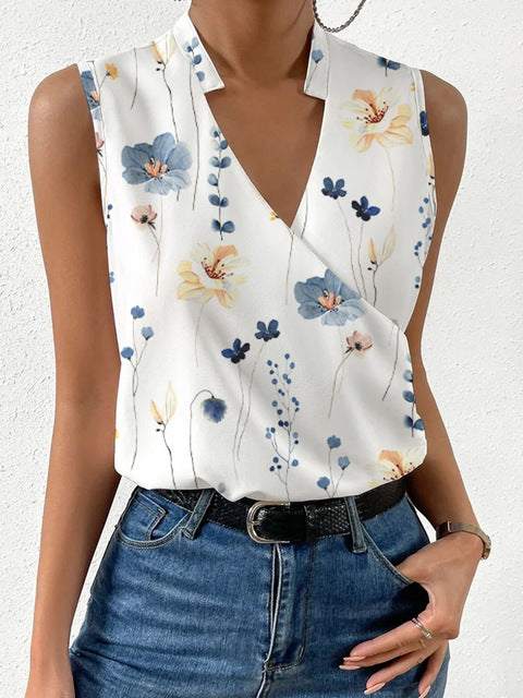 V-neck Sleeveless Women Blouses White Floral 03 Blouses - Tophatter Daily Deals