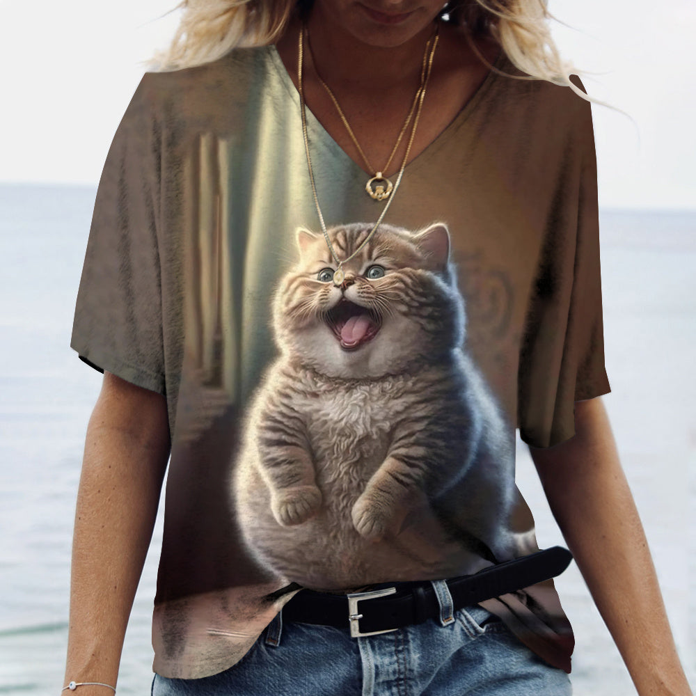 Women V-Neck Top Cats Print Shirt Tee Tee - Tophatter Daily Deals