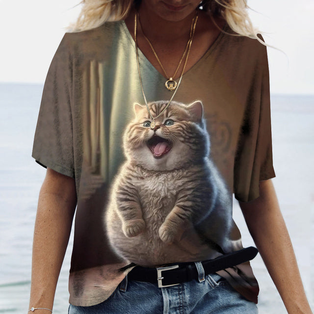 Women V-Neck Top Cats Print Shirt Tee Brown Tee - Tophatter Daily Deals