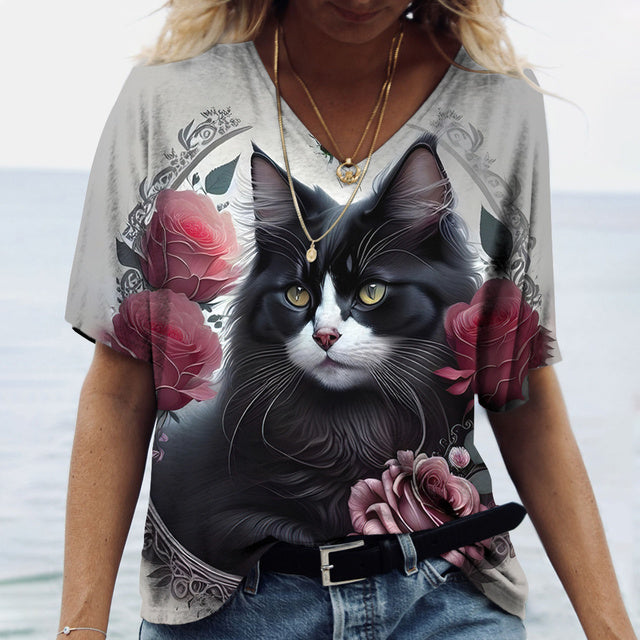 Women V-Neck Top Cats Print Shirt Tee Grey Tee - Tophatter Daily Deals