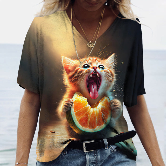 Women V-Neck Top Cats Print Shirt Tee Yellow Tee - Tophatter Daily Deals