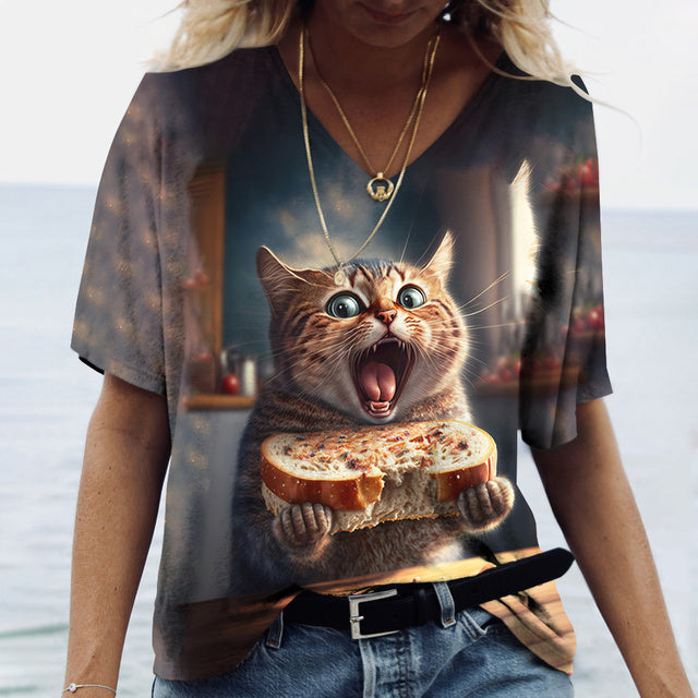 Women V-neck Tops Printed Cat T-shirt Grey Tee - Tophatter Daily Deals