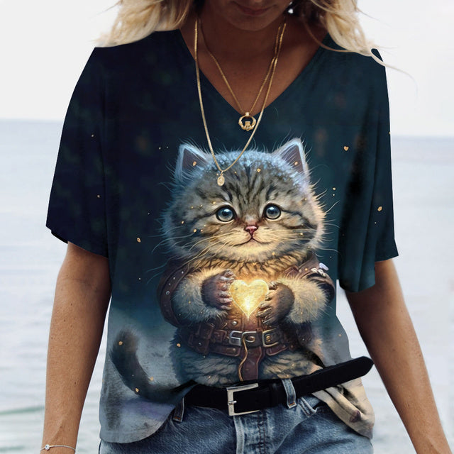 Women V-neck Tops Printed Cat T-shirt Blue Tee - Tophatter Daily Deals
