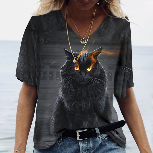 Women V-neck Tops Printed Cat T-shirt Black Tee - Tophatter Daily Deals