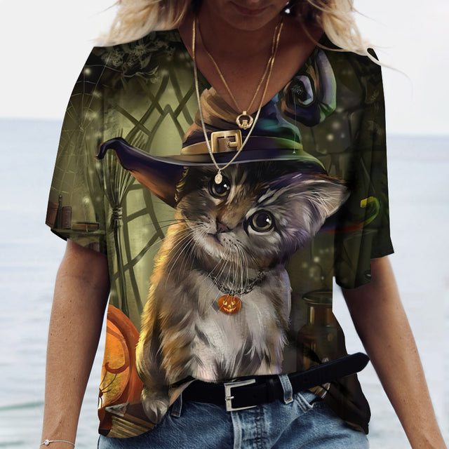 Women V-neck Tops Printed Cat T-shirt Green Tee - Tophatter Daily Deals