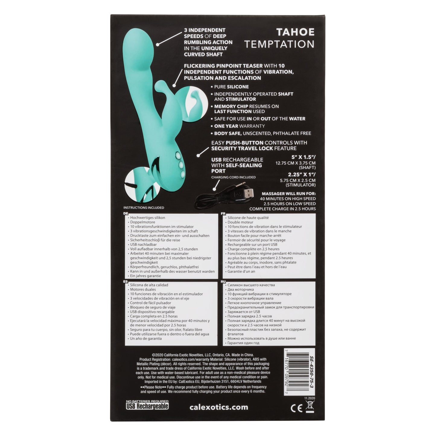 California Dreaming Tahoe Temptation Silicone Massager in Aqua Blue with Dual Vibration and Pinpoint Teaser > Vibrators > Ladies > Rabbit - Tophatter Daily Deals