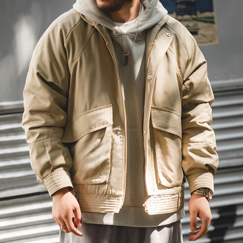 Vintage Bomber Jacket Thickened Warm Cotton Pocket Coats Khaki Men's Clothing - Tophatter Daily Deals