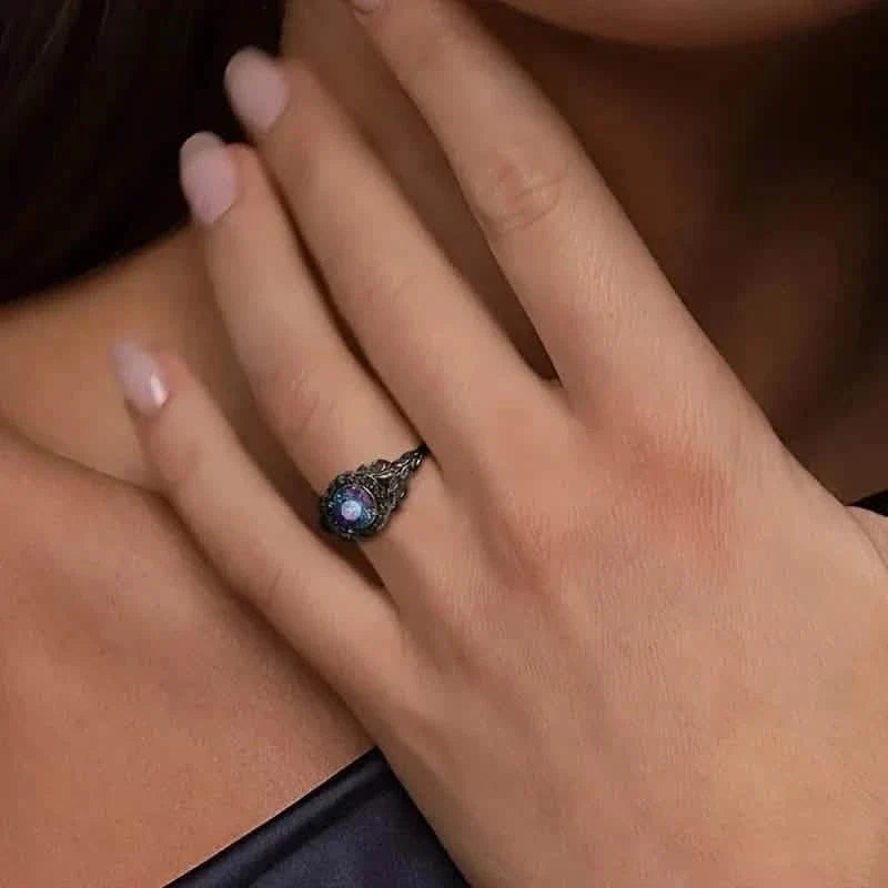 Vintage Gothic Style Synthetic Rainbow Stone Ring with Imitation Black Zirconia Rings - Tophatter Daily Deals
