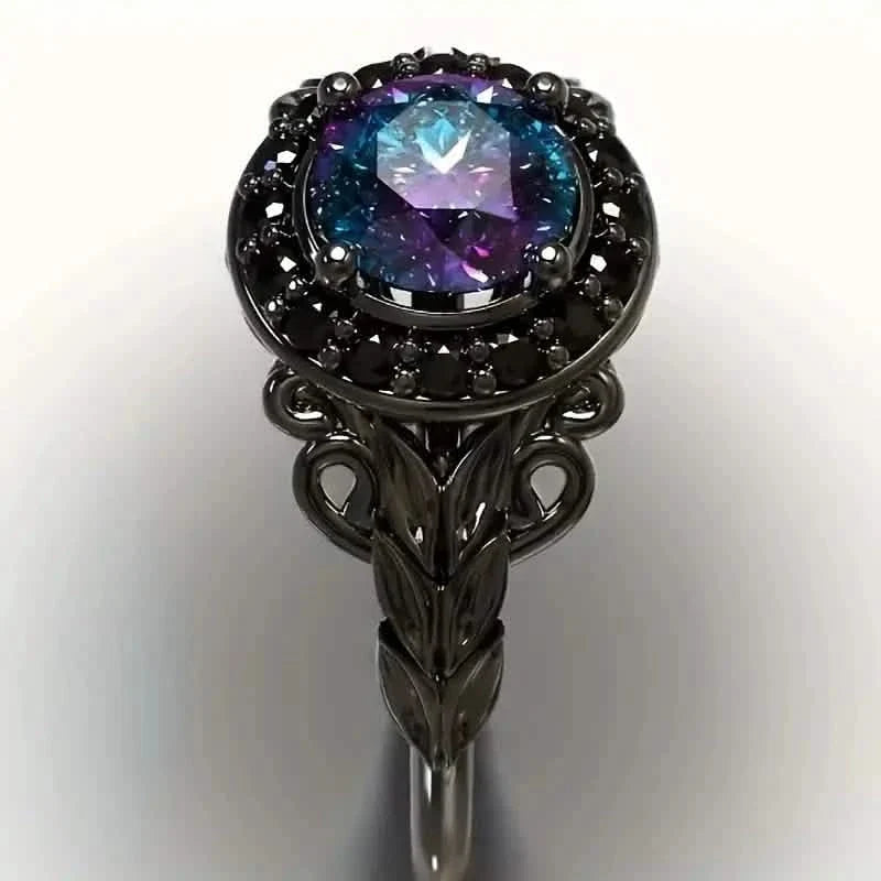 Vintage Gothic Style Synthetic Rainbow Stone Ring with Imitation Black Zirconia Rings - Tophatter Daily Deals