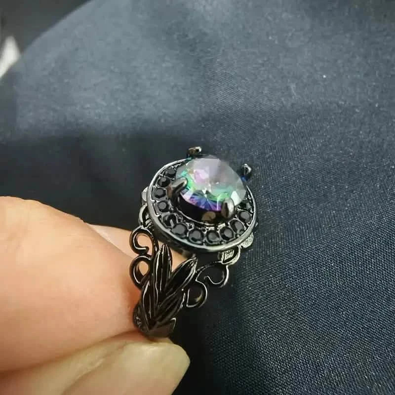 Vintage Gothic Style Synthetic Rainbow Stone Ring with Imitation Black Zirconia Rings - Tophatter Daily Deals