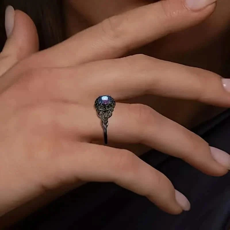 Vintage Gothic Style Synthetic Rainbow Stone Ring with Imitation Black Zirconia Rings - Tophatter Daily Deals