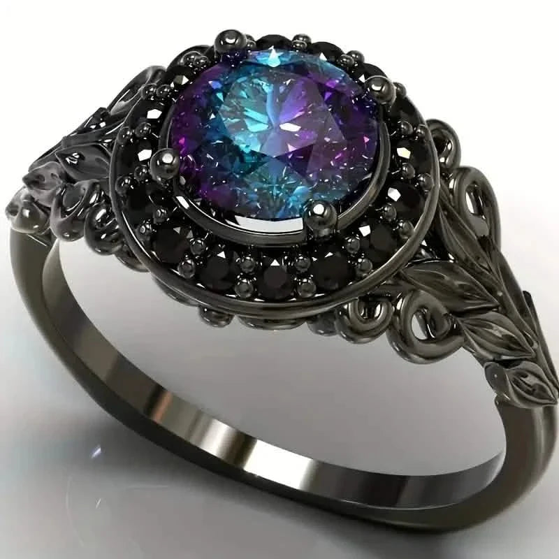 Vintage Gothic Style Synthetic Rainbow Stone Ring with Imitation Black Zirconia Rings - Tophatter Daily Deals