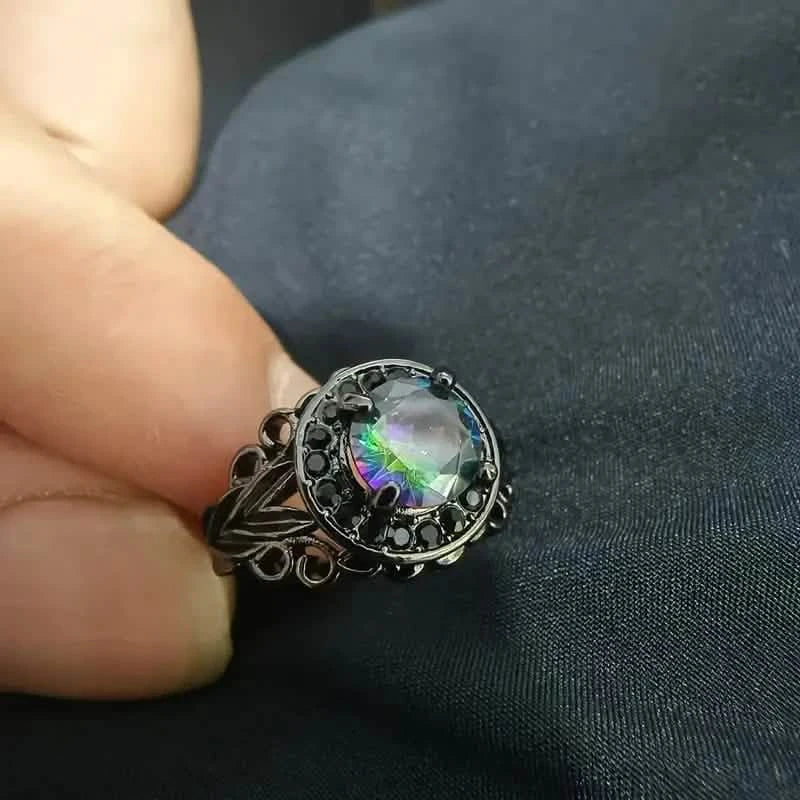 Vintage Gothic Style Synthetic Rainbow Stone Ring with Imitation Black Zirconia Rings - Tophatter Daily Deals