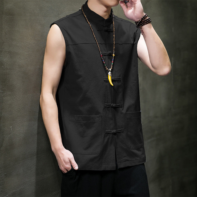 Vintage Linen Vests Mens Sleeveless Cardigan Blouse Black men - Tophatter Daily Deals