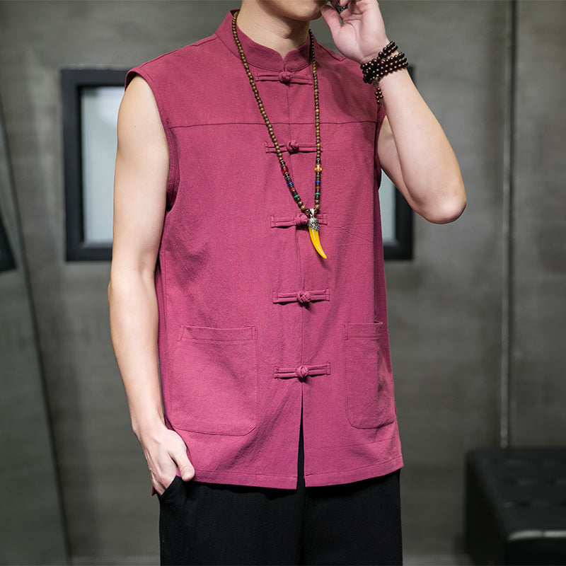 Vintage Linen Vests Mens Sleeveless Cardigan Blouse Wine Red men - Tophatter Daily Deals