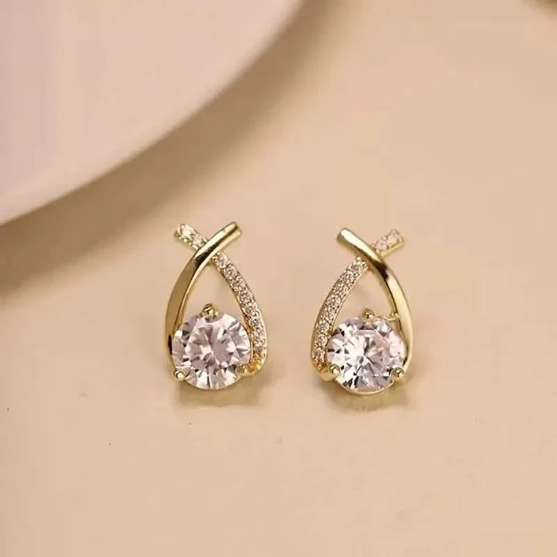 Vintage Style Stud Earrings - Embellished with Rhinestones, Cross Line Design Gold Earrings - Tophatter Daily Deals