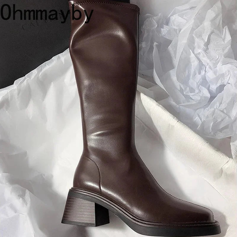 Vintage Thick Heel Women Side Zippers Knee High Boots Boots - Tophatter Daily Deals