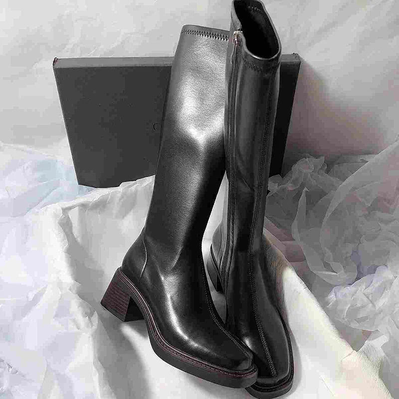 Vintage Thick Heel Women Side Zippers Knee High Boots Black Boots - Tophatter Daily Deals
