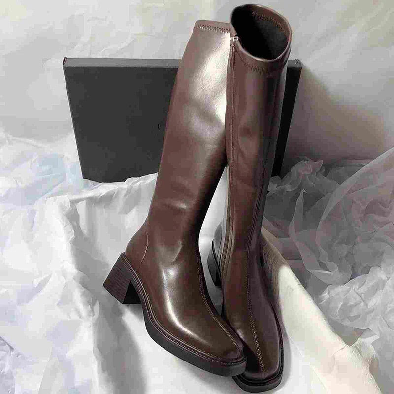 Vintage Thick Heel Women Side Zippers Knee High Boots Brown Boots - Tophatter Daily Deals
