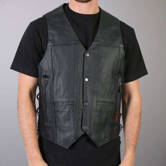 Hot Leathers Men's 10 Pocket Leather Vest w/ Side Laces Leather Vest - Tophatter Daily Deals