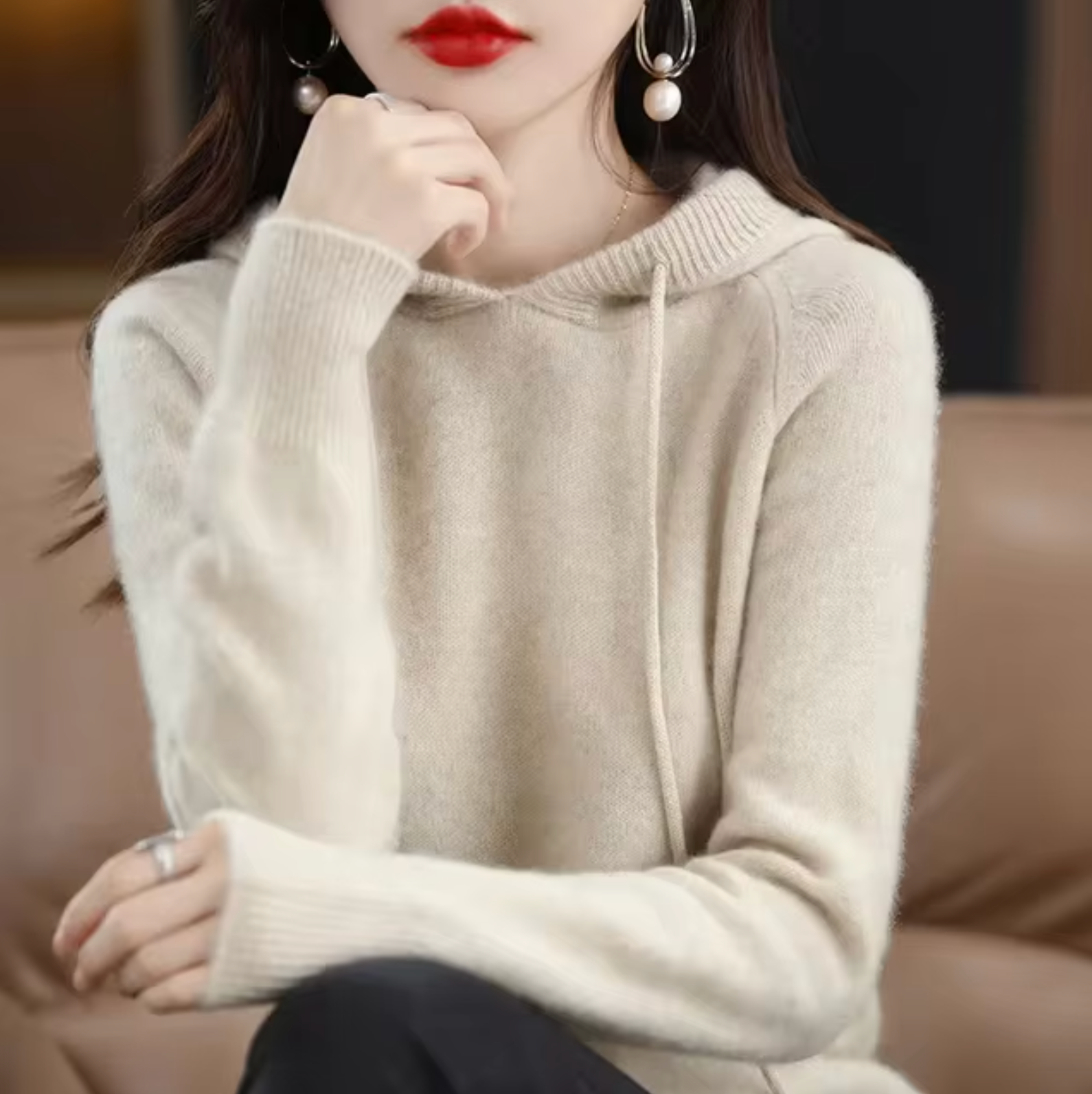 Warm Cozy Womens Knit Hoodie - Relaxed Fit, Soft Knit Beige - Tophatter Daily Deals