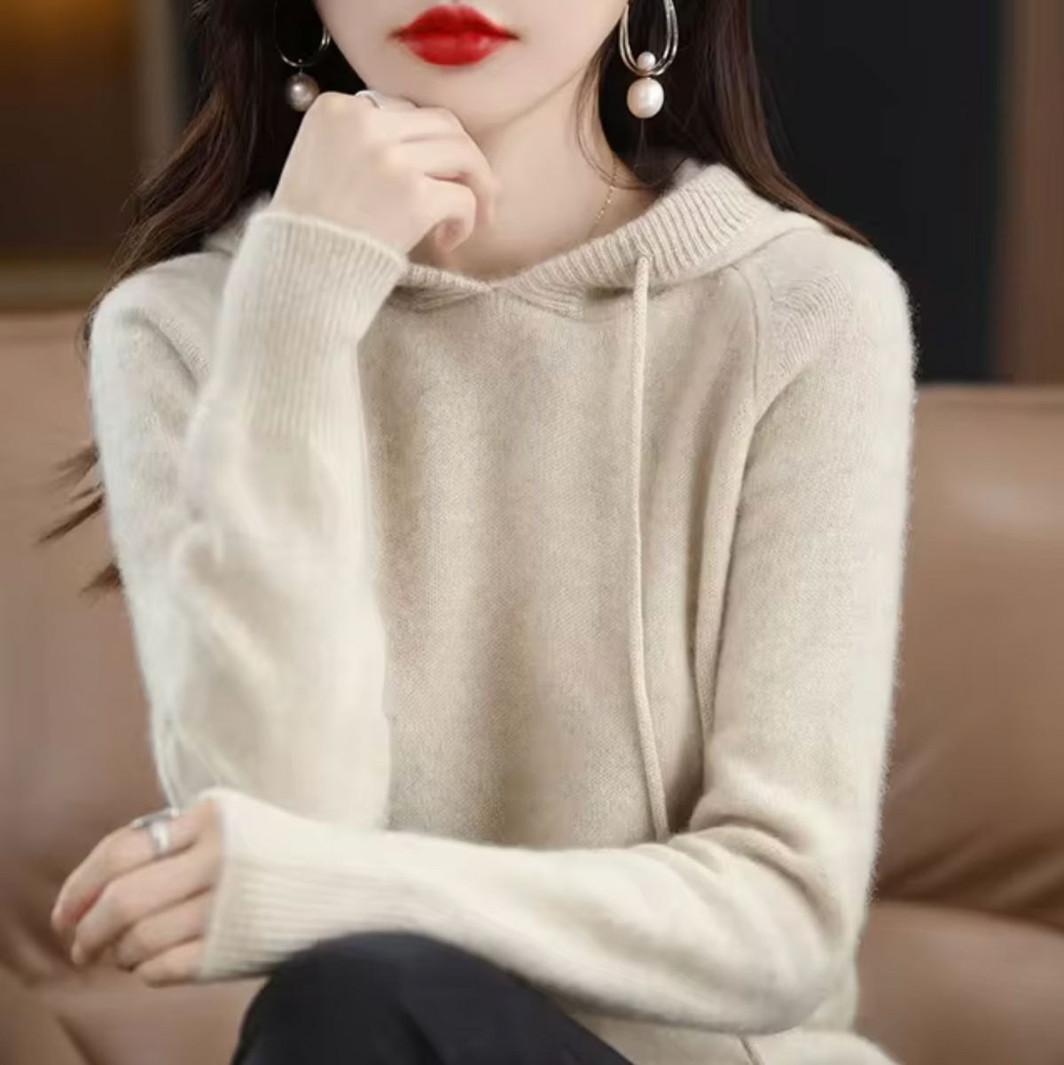 Warm Cozy Womens Knit Hoodie - Relaxed Fit, Soft Knit Beige - Tophatter Daily Deals