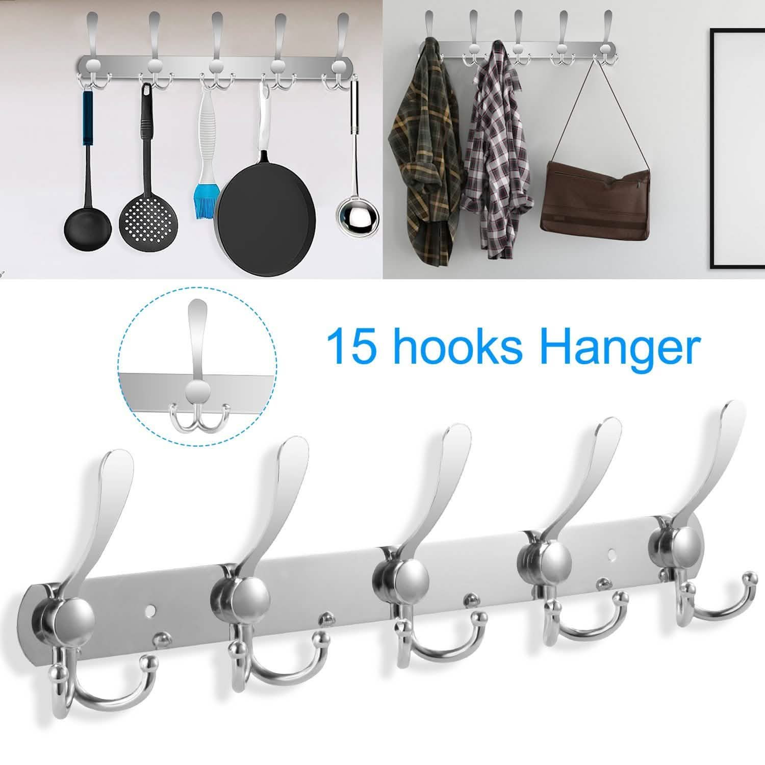 Wall Mount Coat 15 Hooks Stainless Steel Clothes Hanger Rack Storage & Organization - Tophatter Daily Deals
