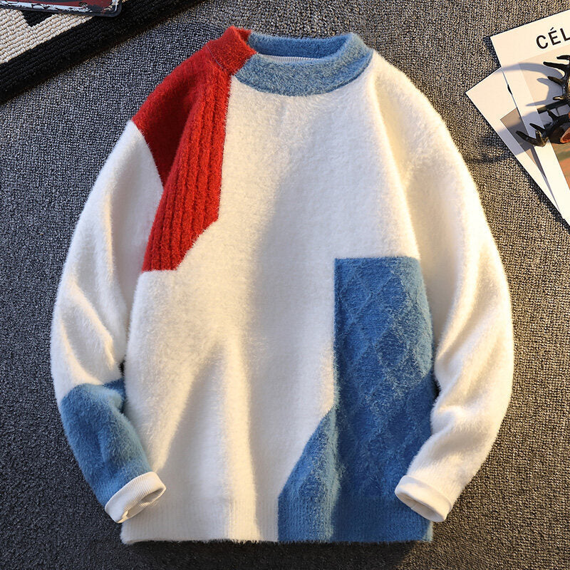 Winter Warm Round Neck Knitted Sweater Blue Men's Clothing - Tophatter Daily Deals