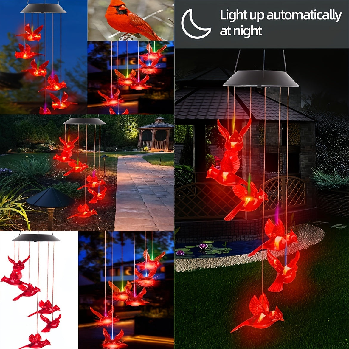 Solar Cardinal Wind Chime with Color Changing LED Lights, 29 Inch Solar Outdoor Lights - Tophatter Daily Deals
