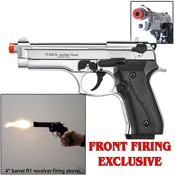 EKOL Jackal Dual Magnum Chrome - Full Auto Front Fire 9mm Blank Gun - Tophatter's Weapons'N'Deals Blank Firing Replica Guns - Tophatter Daily Deals