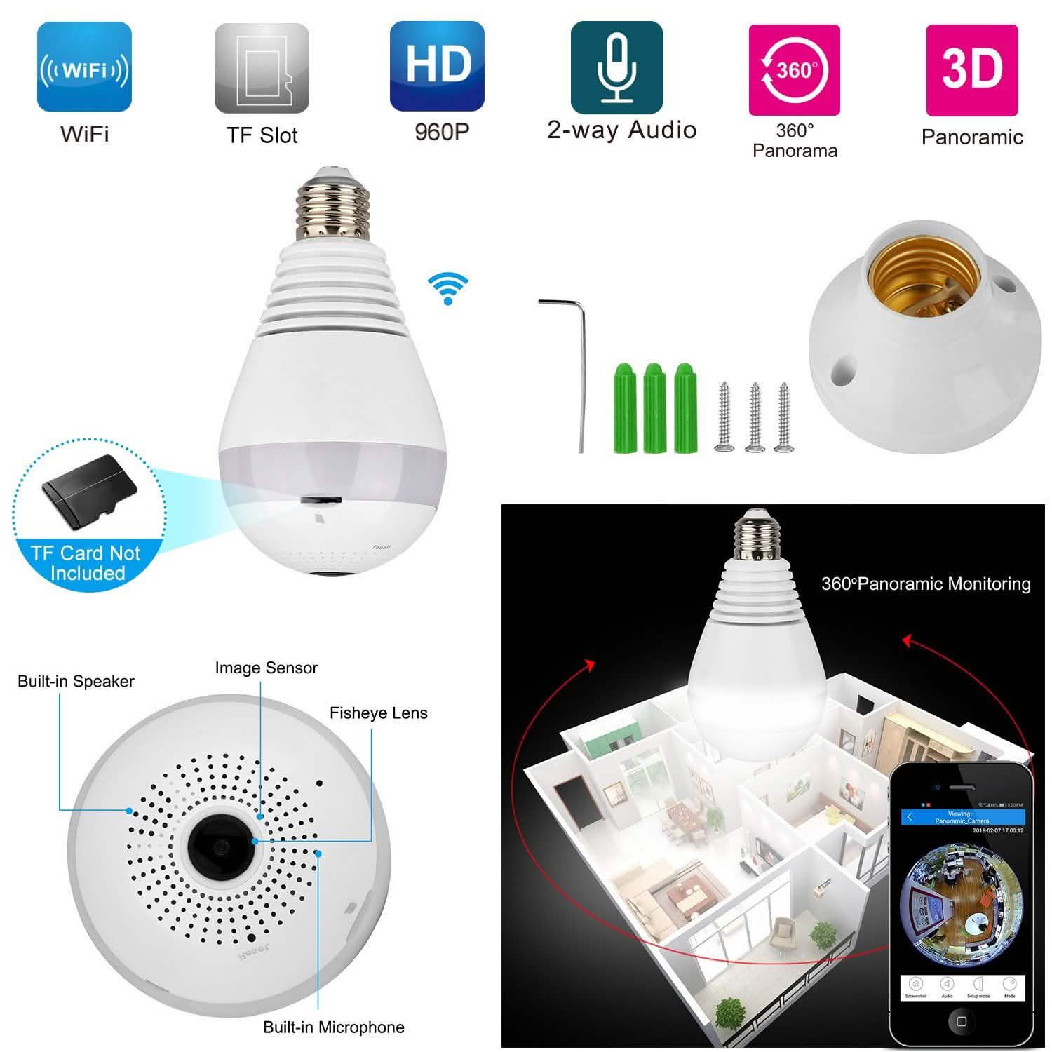 WiFi Light Bulb Camera 960P Security Camera 360° Smart Home & Security - Tophatter Daily Deals