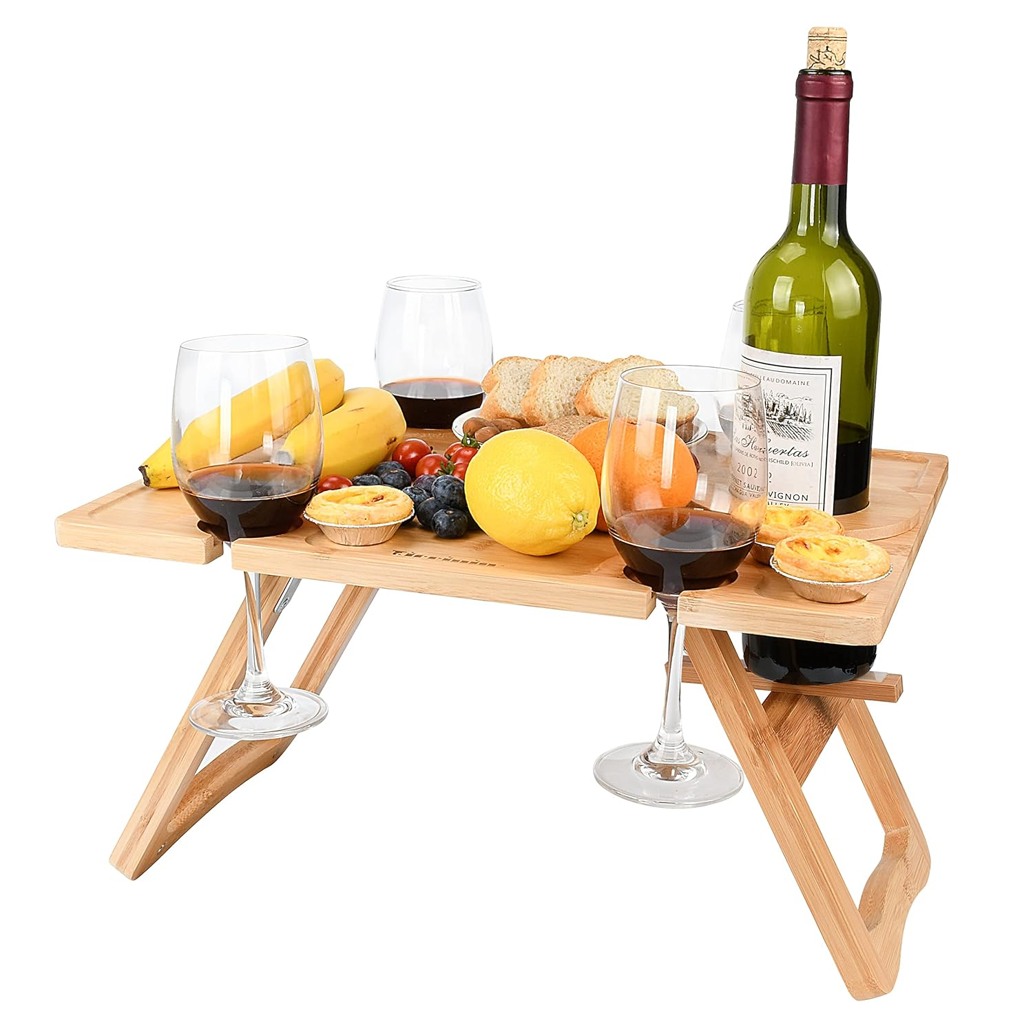 Wine Picnic Table – Portable Wooden Table with Glass Holders for Outdoor Use Wine picnic table - Tophatter Daily Deals