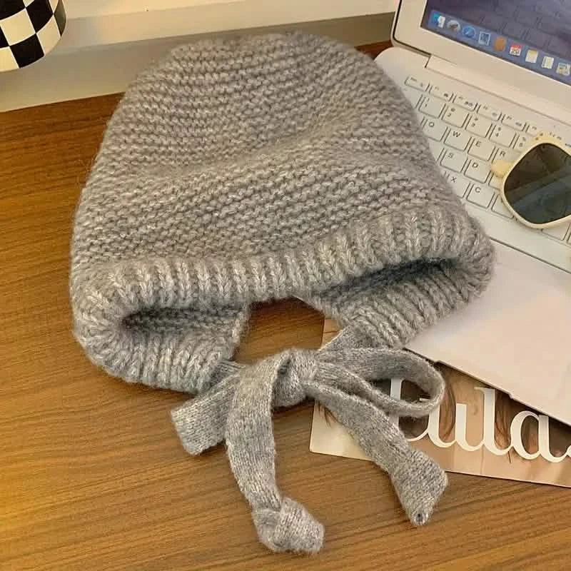 Winter Wool Knitted Hat Unisex Winter Striped Beanie with Ear Flaps Gray Hats - Tophatter Daily Deals