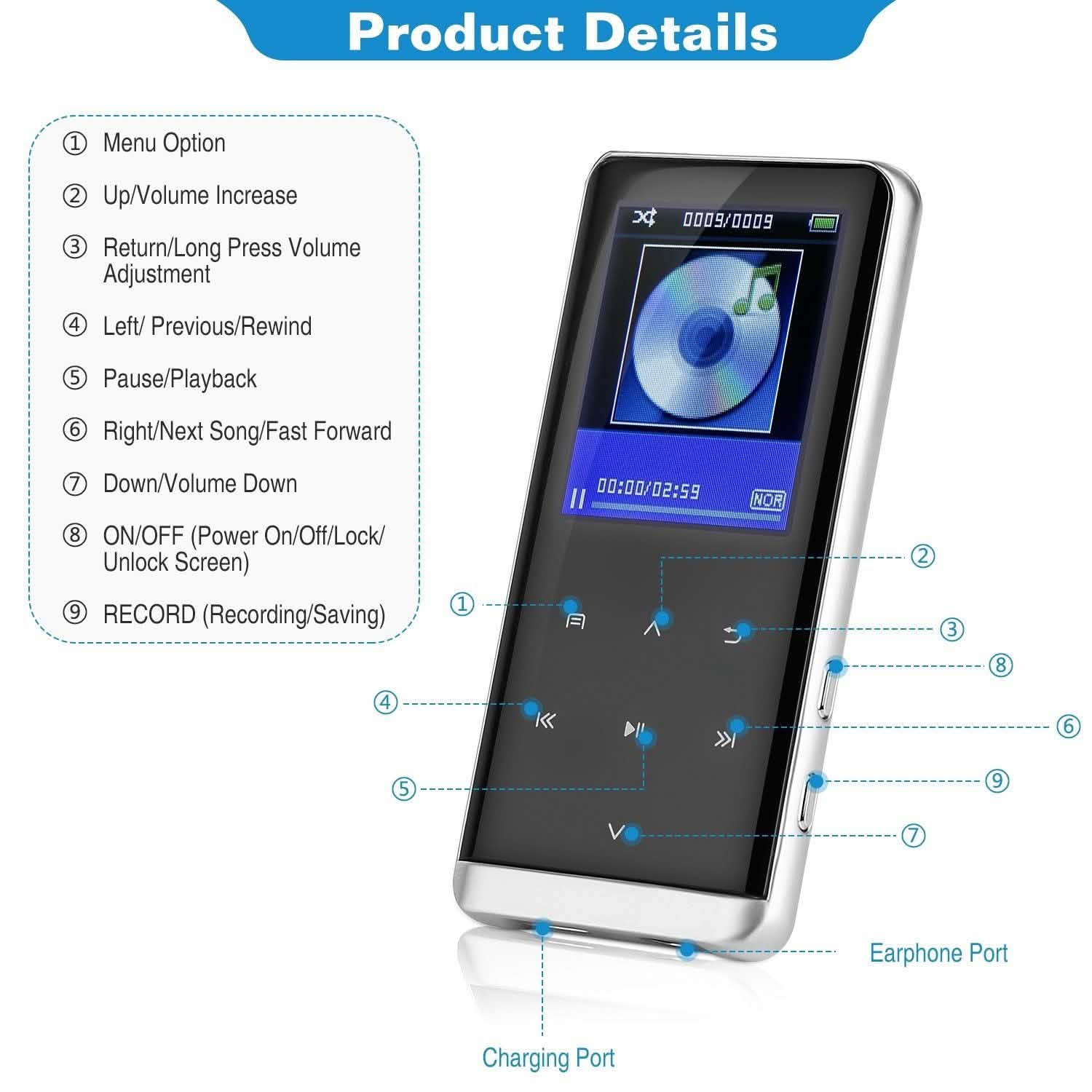 Wireless MP3 Player with Voice Recorder 32G Digital Music HiFi Audio Accessories - Tophatter Daily Deals