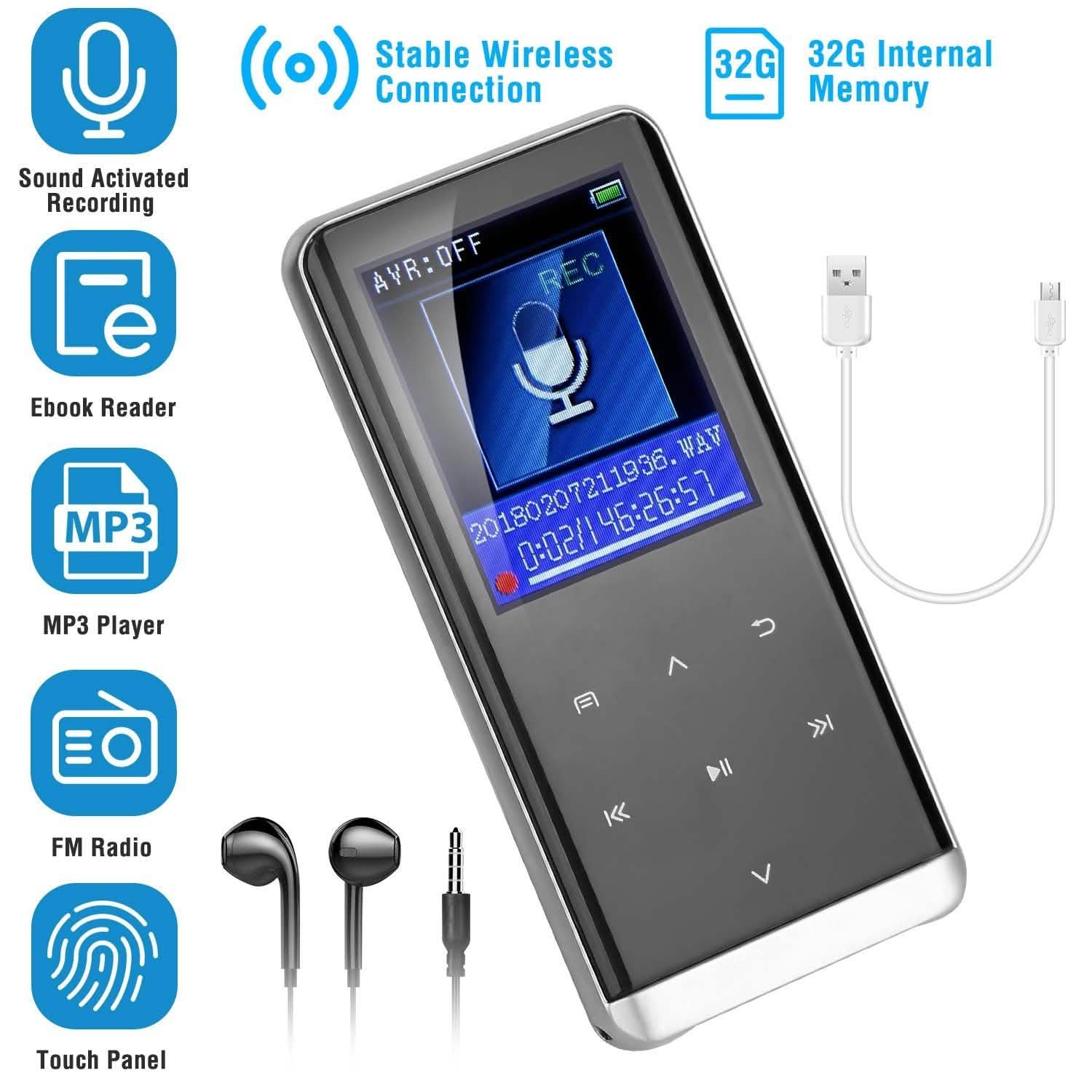 Wireless MP3 Player with Voice Recorder 32G Digital Music HiFi Audio Accessories - Tophatter Daily Deals