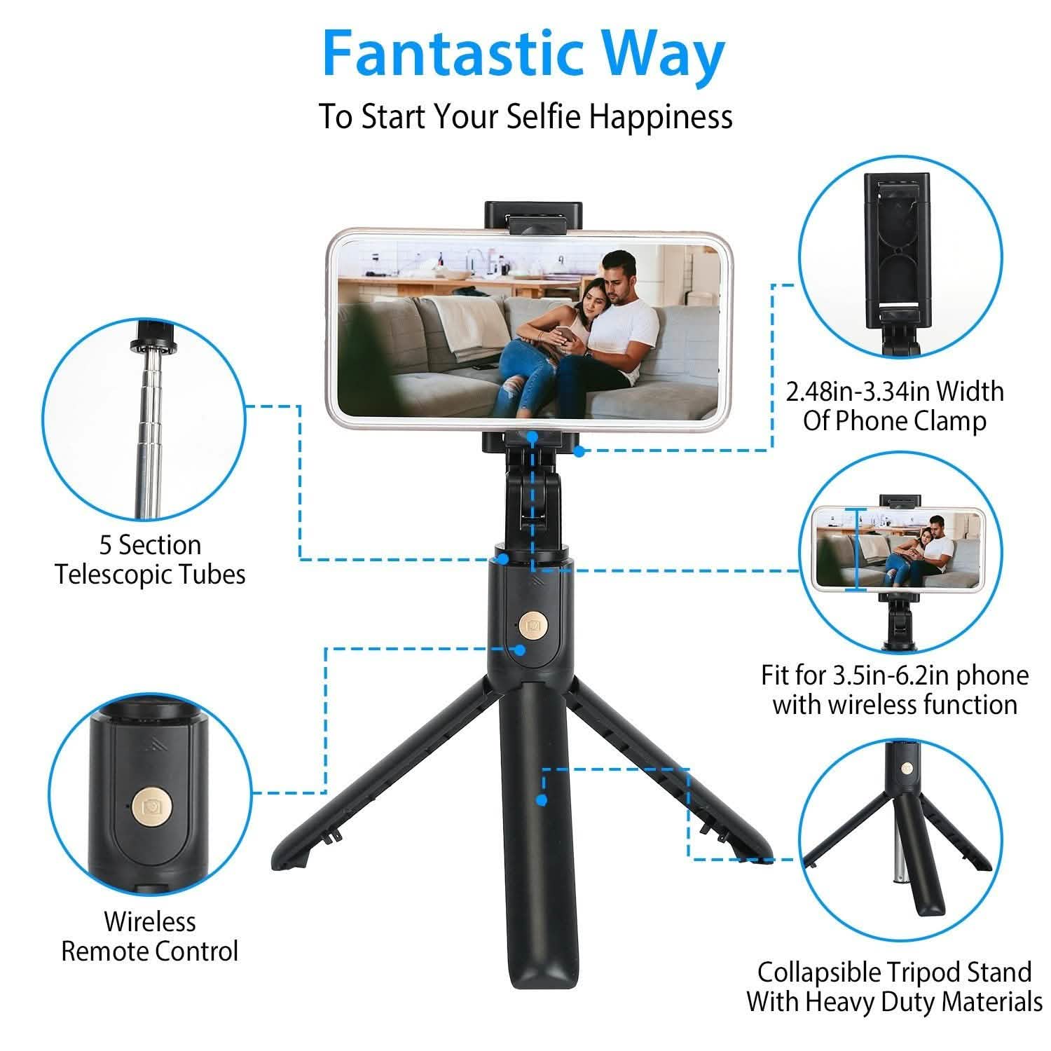 Wireless Selfie Stick Extendable Tripod with Detachable Remote Shutter for 3.5-6.2" Phone Mobile Accessories - Tophatter Daily Deals