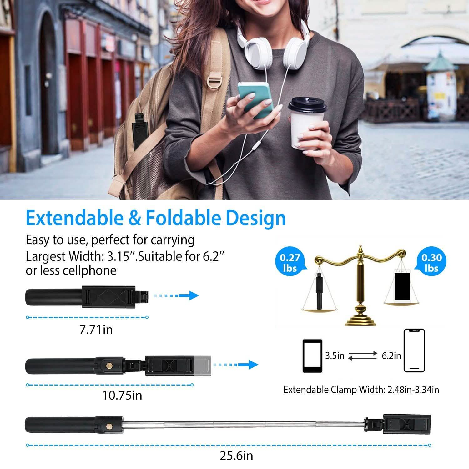 Wireless Selfie Stick Extendable Tripod with Detachable Remote Shutter for 3.5-6.2