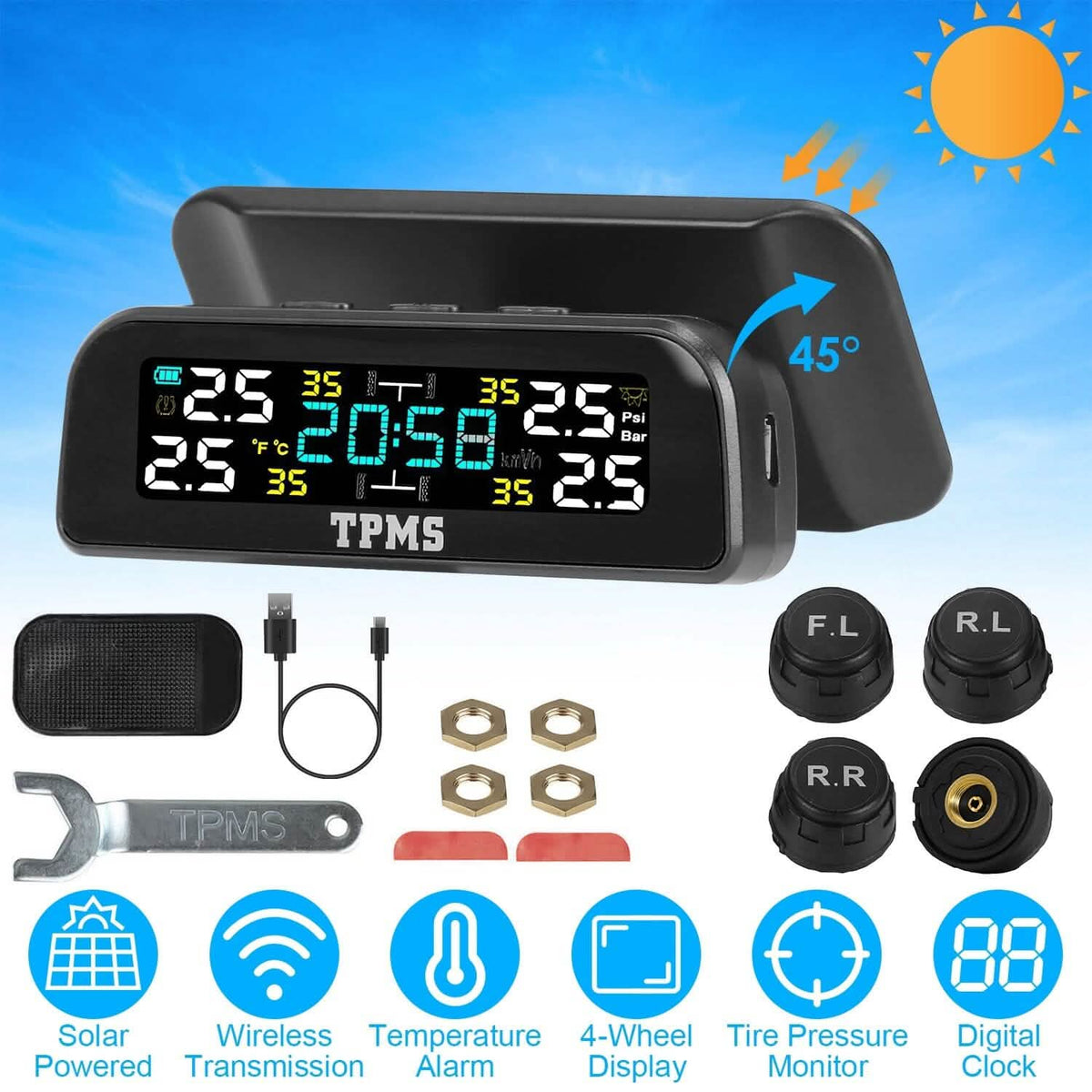 Wireless Solar Car Tire Pressure Monitoring System Auto Tire Pressure with Sensors Temperature Alarm Automotive - Tophatter Daily Deals