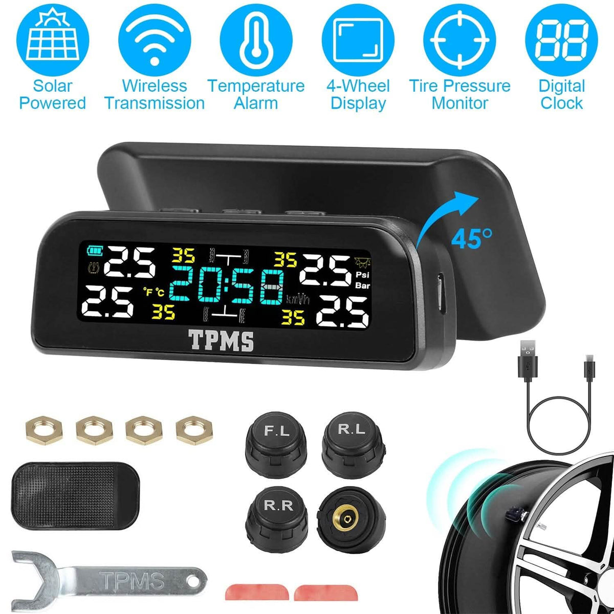 Wireless Solar Car Tire Pressure Monitoring System Auto Tire Pressure with Sensors Temperature Alarm Automotive - Tophatter Daily Deals